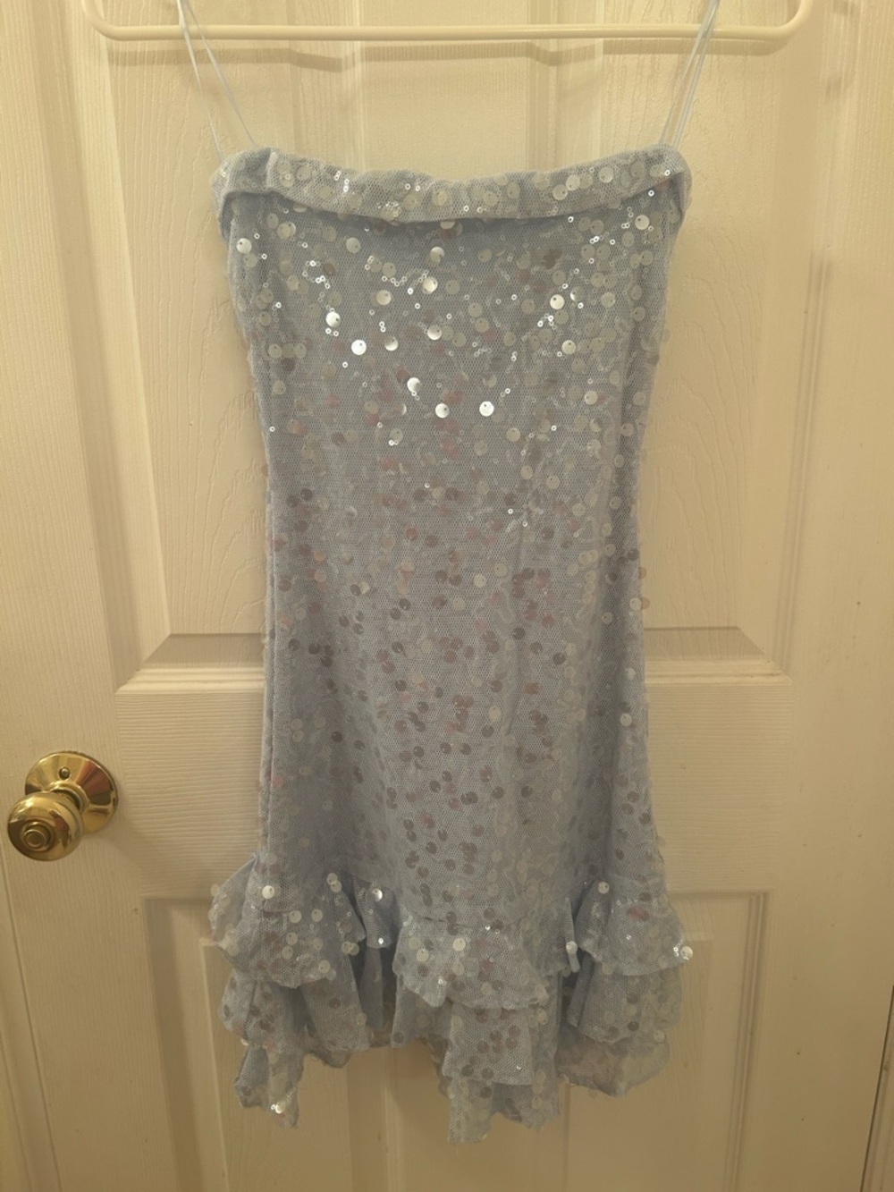 Windsor Light Blue Sequin Ruffle-Hem Spaghetti Strap Dress